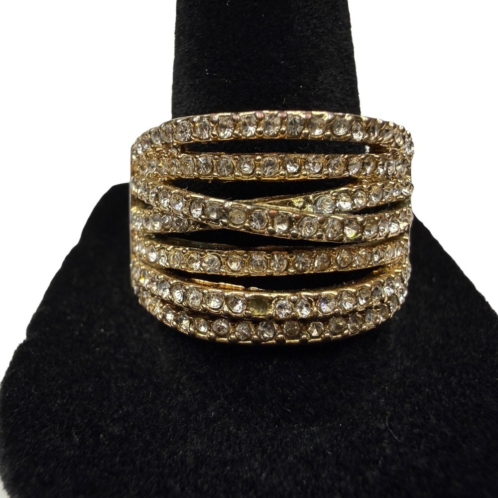 Gold Tone Criss Cross Pave Crystal Rhinestone Statement Ring Jewelry Size 9